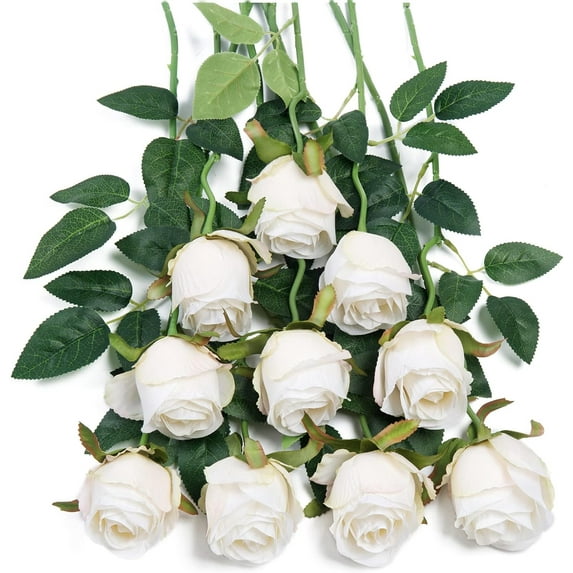 10pcs Artificial Silk Roses Fake Flowers Bouquet Long Stems for Wedding Home Party Decoration(Yellow)