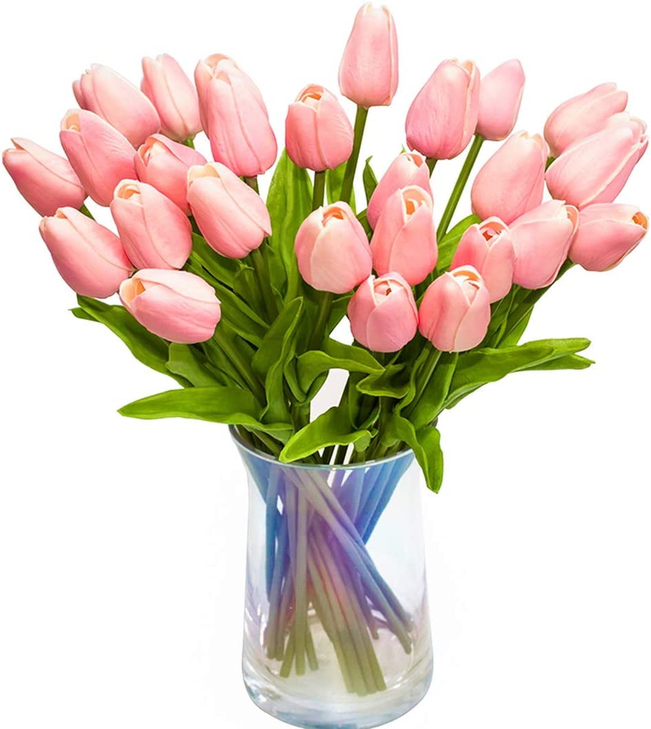 10pcs Artificial Tulips Flowers Real Touch Pink Tulips Fake Holland PU Tulip Bouquet Latex Flowers for Wedding Party Office Home Kitchen Decoration (Dark Pink)