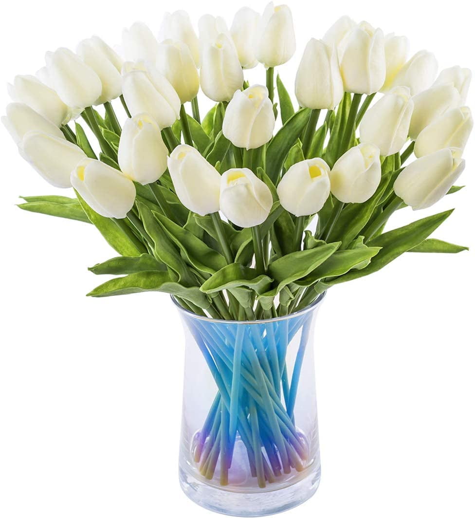 10pcs Artificial Tulips Flowers Real Touch Pink Tulips Fake Holland PU Tulip Bouquet Latex Flowers for Wedding Party Office Home Kitchen Decoration (Dark Pink)