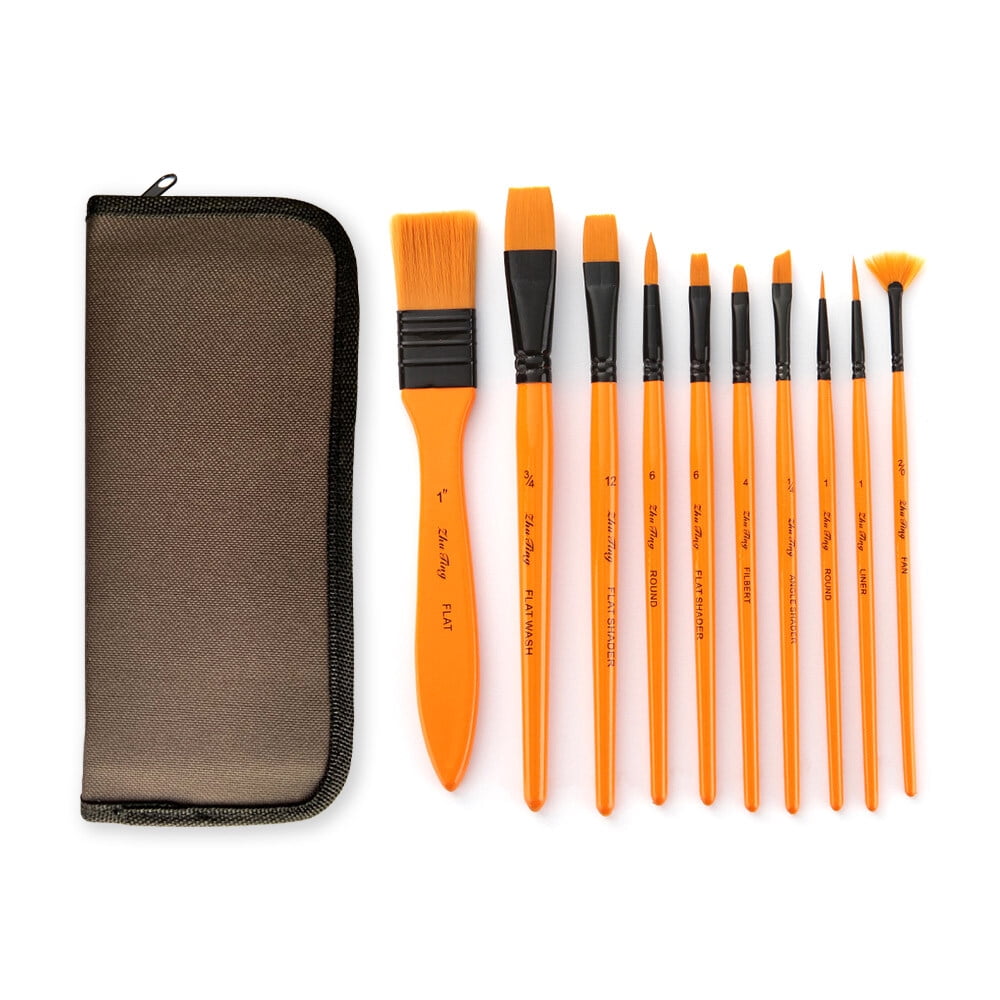 10pcs Artist Long Handle Paint Brush Set Nylon Pop-Up Travel Storage