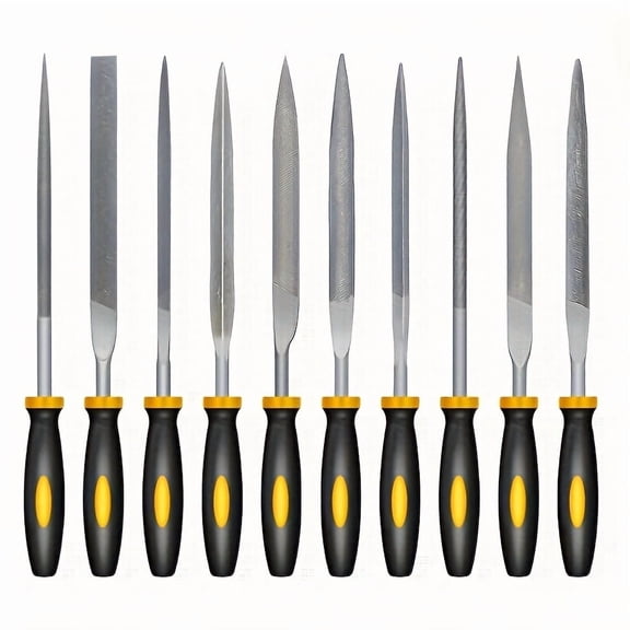 10pcs Assorted Mini File Set, Steel Metal Grinding Files, Triangular and Flat Half-Round Mini Sanding Tools, Dual-Color Handle