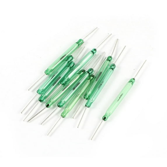 10Pcs Silver Tone Round Green Glass Tube Normally Open NO Reed Switch 28mm
