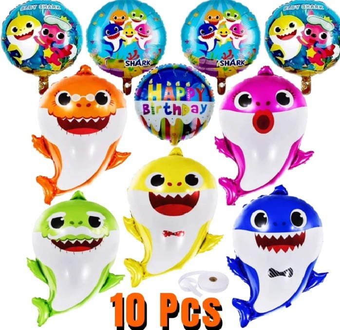 10pcs Baby Little Shark helium Balloons with 10 meter ribbon, 26 inches Baby Cute Shark Balloons, Baby Cute Shark Party Supplies, Decorations
