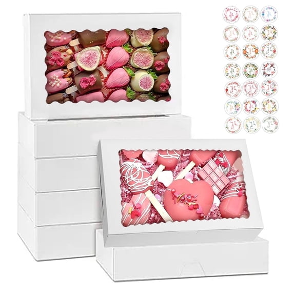 10pcs White Bakery Boxes,12x8x2.5 inches Cookie Boxes with Large Window for Chocolate Covered Strawberries, Desserts, Cookies, with Stickers