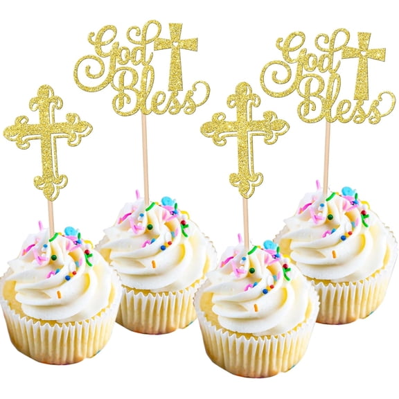 10pcs Baptism Cupcake Toppers God Bless Cupcake Toppers Glitter Cross God Bless Cupcake Picks for Babyshower Christian First Communion Baptism Party Cake Decorations Gold