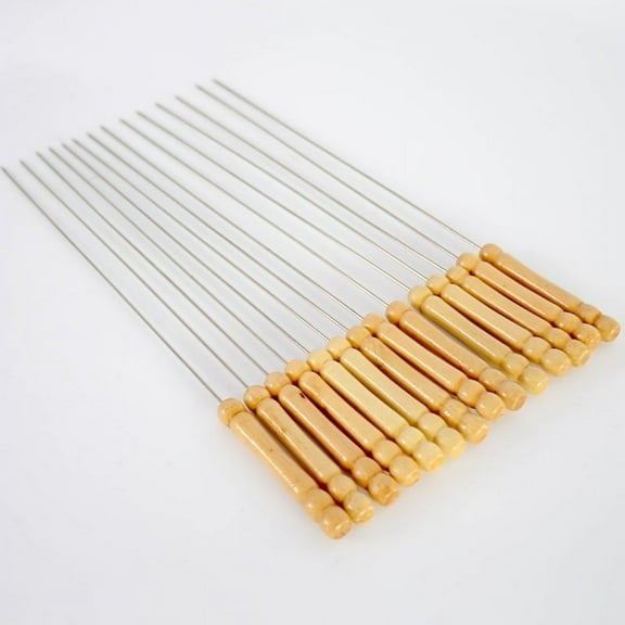 10pcs Barbecue Skewers With Wood Handle Marshmallow Roasting Sticks Meat Hot Dog Fork Best For BBQ Camping Cookware Campfire Grill Cooking, Stainless Steel, 13 Inches(Including Handle)