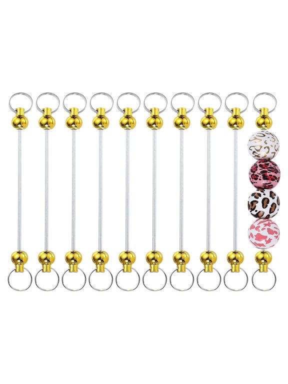 10pcs Beadable Keychain Bar, Beadable Keychains Blanks Beaded Keychain Bar Bulk Key Chain Rod Making Charm for Beads Jewelry Making DIY Focal Bead Crafts Backpack, Gold