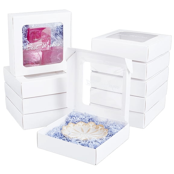 10pcs Best Wishes Paper Packaging Boxes with PVC Visible Window Square White 15.7x16x4.5cm