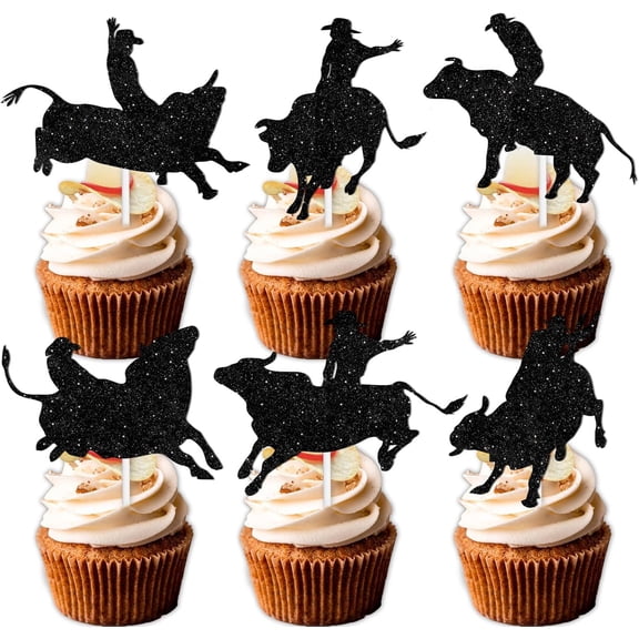 10pcs Black Glitter CoCowboy Dessert Cupcake Toppers Country Western Bull Riding Competition Theme Decor Supplies Baby Shower Boy Girl Happy Birthday Decorations