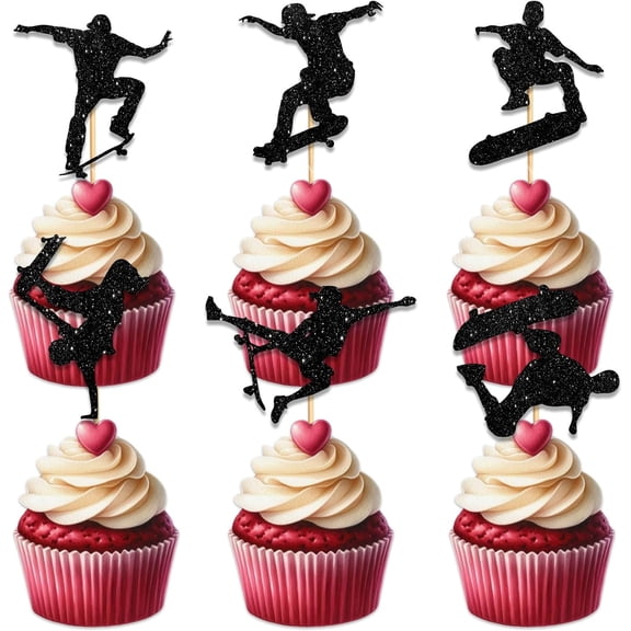 10pcs Black Glitter Cupcake Topper for 80s 90s Skateboard Theme Party Favors Decorations Cheer to Men Women Happy Birthday Party Decor Supplies