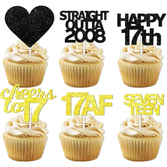 10pcs Black Gold Glitter Dessert Cupcake Pick for Straight Outta 2008 Cheer to 17 Years Old Theme Decor Supplies Happy 17th Birthday Party Decoration