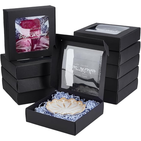 10pcs Black Mini Paper Boxes PVC Window Gift Boxes Square Present Boxes for Wedding Gift Chocolates Cookies and Other Small Crafts 6.18x6.3x1.77 Inch