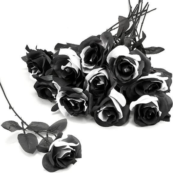 10pcs Black and White Roses Artificial Flowers with Stems, Faux Silk Flowers Bridal Gothic Wedding Bouquet, Realistic Blossom Flora for Home, Office, Hotel Decorations