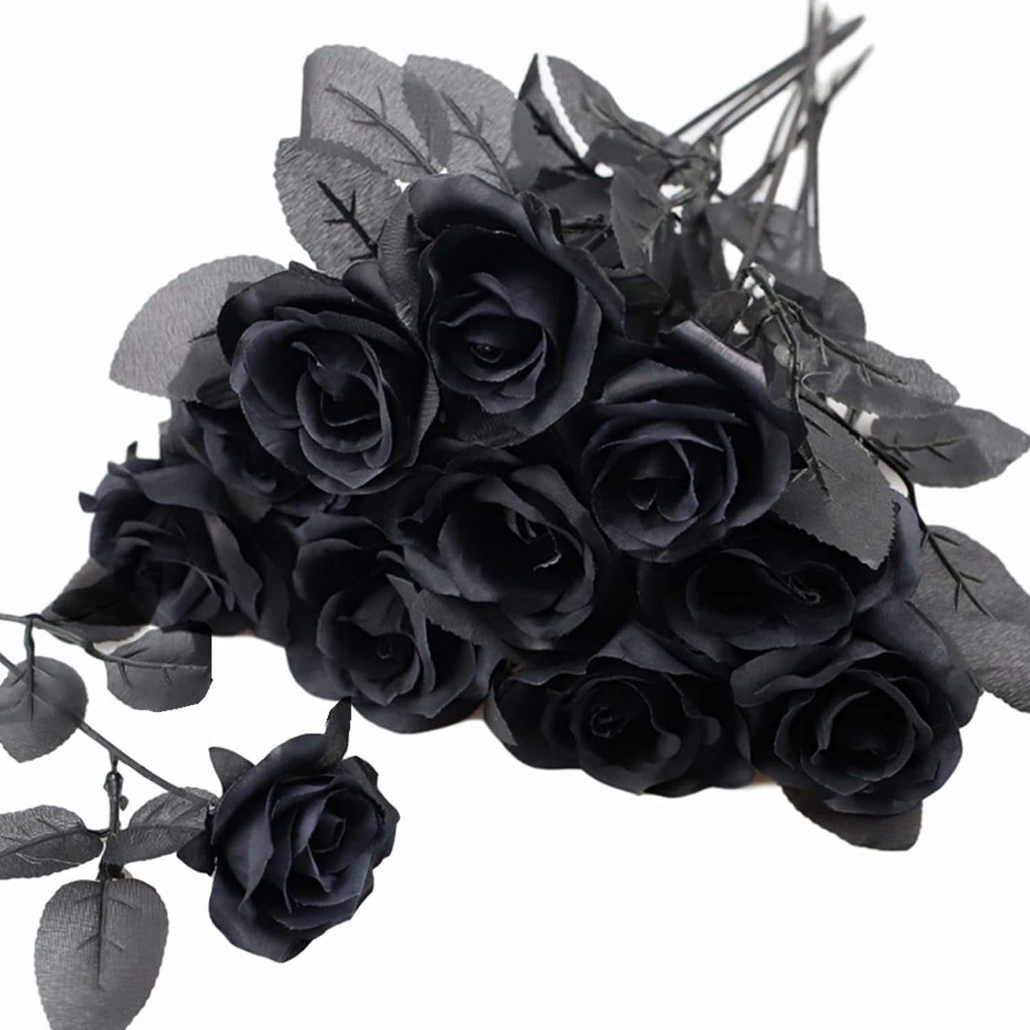 10pcs Black and White Roses Artificial Flowers with Stems, Faux Silk Flowers Bridal Gothic Wedding Bouquet, Realistic Blossom Flora for Home, Office, Hotel Decorations