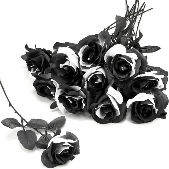 10pcs Black and White Roses Artificial Flowers with Stems, Faux Silk Flowers Bridal Gothic Wedding Bouquet, Realistic Blossom Flora for Home, Office, Hotel Decorations