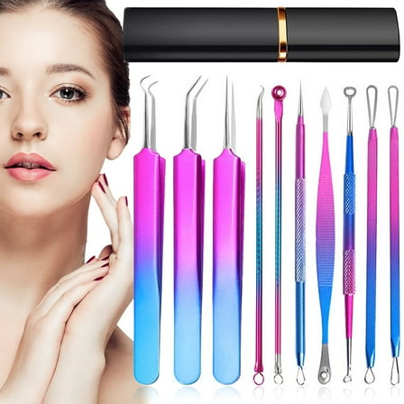 10pcs Blackhead Remover Tool Kit Stainless Steel Pimple Popper Tool Comedones Extractor for Forehead Face Nose Multifunction Acne Needle Tool with Metal Case for Travel Home Use