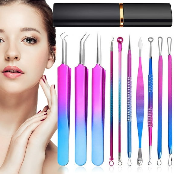 10pcs Blackhead Remover Tool Kit Stainless Steel Pimple Popper Tool Comedones Extractor for Forehead Face Nose Multifunction Acne Needle Tool with Metal Case for Travel Home Use