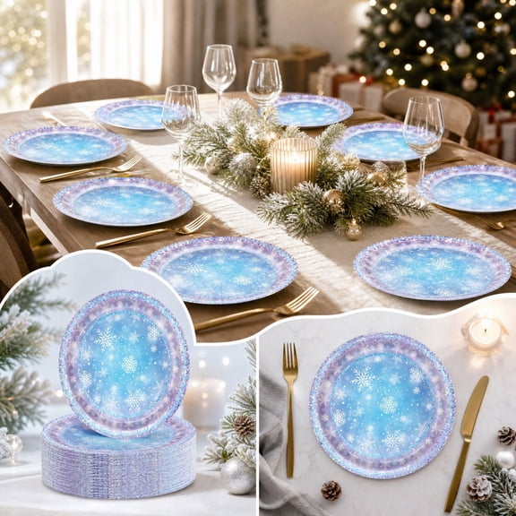 10pcs Blue Snowflake Christmas Dinner Plates for Party Tables, 7 inch Festive Tableware Set with Coordinated Seasonal Print, Serving Plates for Christmas Dinners Gatherings Buffets Dessert Tables