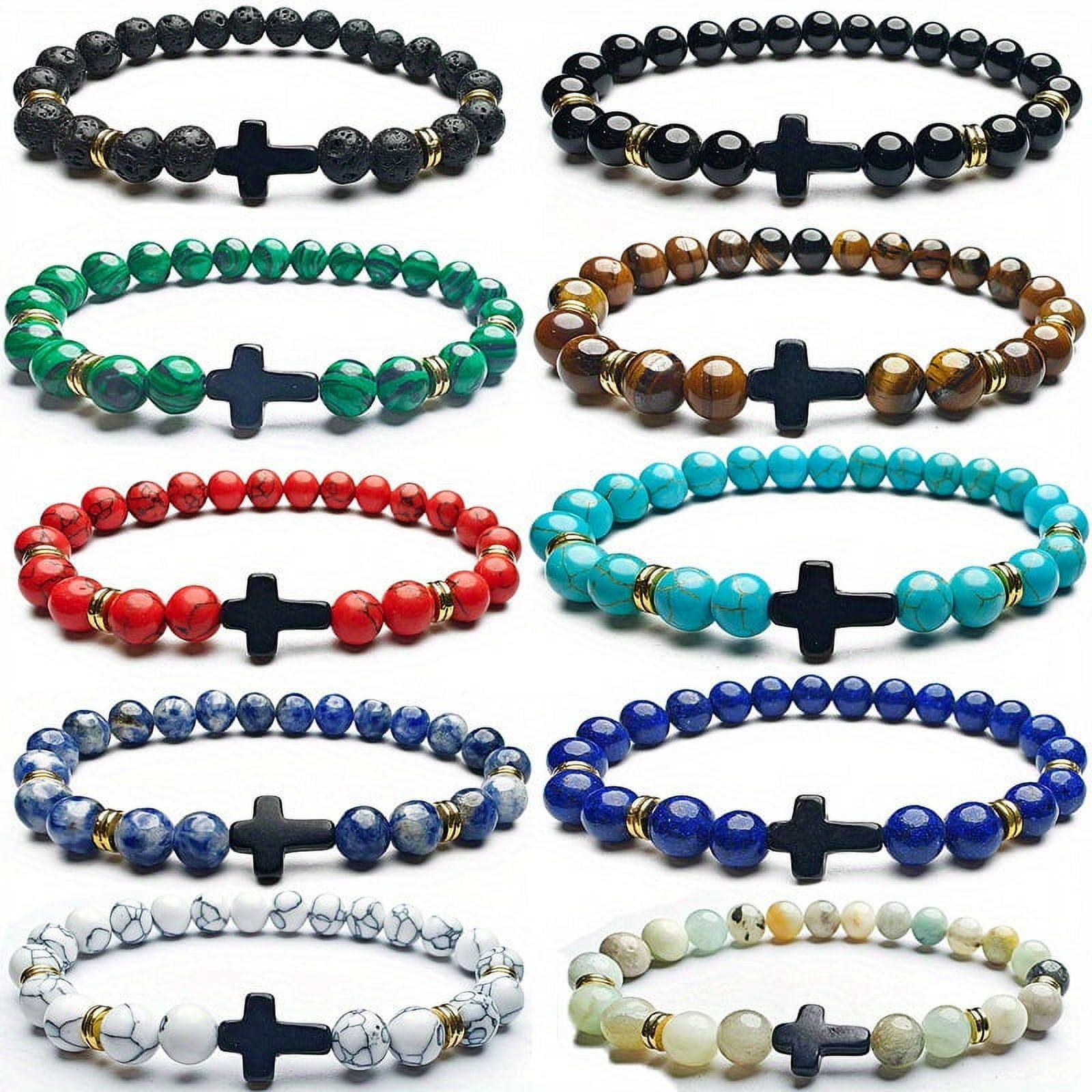 GENERIC 10pcs Bohemian Vintage 8mm Natural Stone Beaded Cross Bracelets Set - Stackable, Elastic, Unisex Jewelry With Tiger Eye & Turquoise & Lapis Lazuli Bead Stretch Wristbands,10-piece Set
