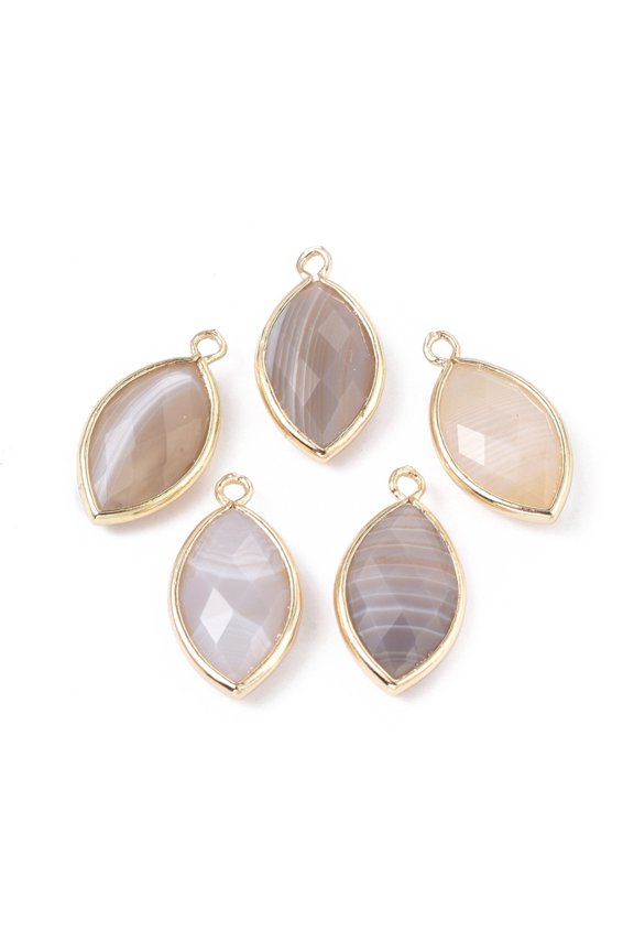 10pcs Botswana Agate Pendants with Golden Brass Findings Faceted Horse Eye 21.5x11.5x3~5mm Hole: 1.6mm