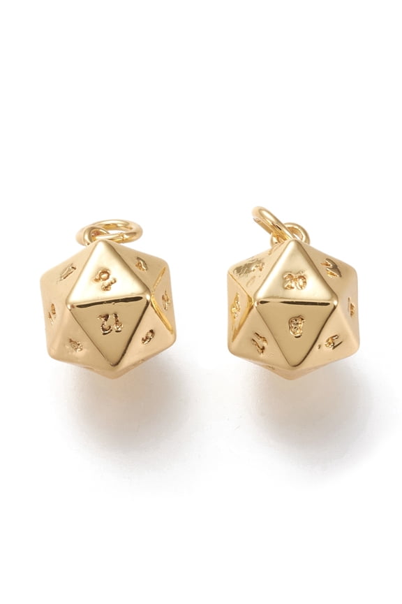 10pcs Brass Charms with Jump Rings Long-Lasting Plated 20 Sided Dice Charm Real 18K golden Plated 13.5x9.5x9.5mm Hole: 3.2mm