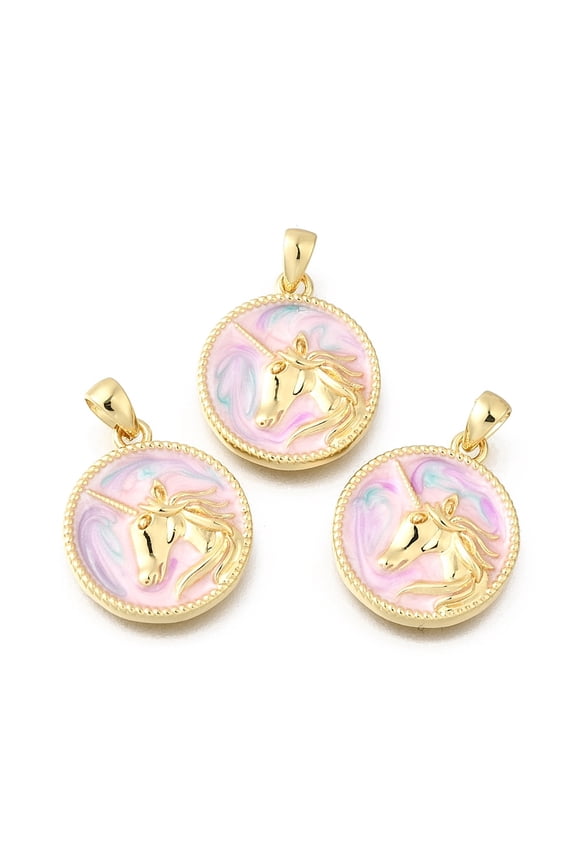 10pcs Brass Enamel Pendants Flat Round with Unicorn Charms Rack Plating Lasting Plated Cadmium Free Real 18K golden Plated 18.5x16x3mm Hole: 4x2mm