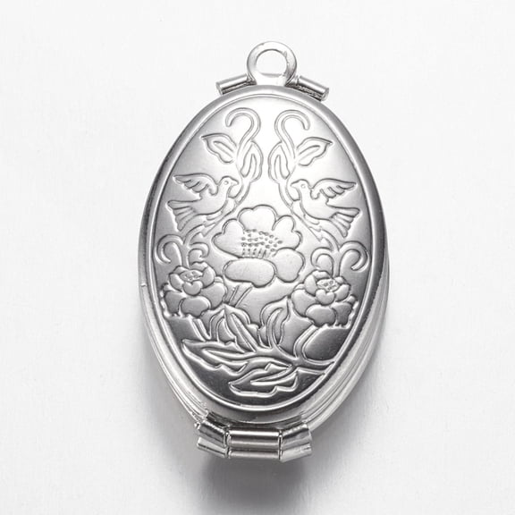 10pcs Brass Locket Pendants Oval with Flower Multilayer Platinum 35x20x10mm Hole: 2mm Inner Diameter: 23x12.8mm