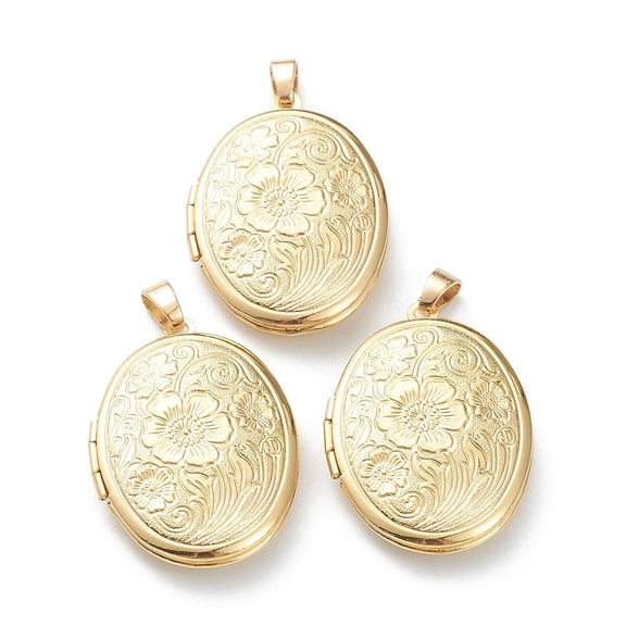 10pcs Brass Locket Pendants Photo Frame Pendants for Necklaces Long-Lasting Oval with Flower golden 33.5x23.5x6mm Hole: 4x3mm 23x16mm Inner Diameter