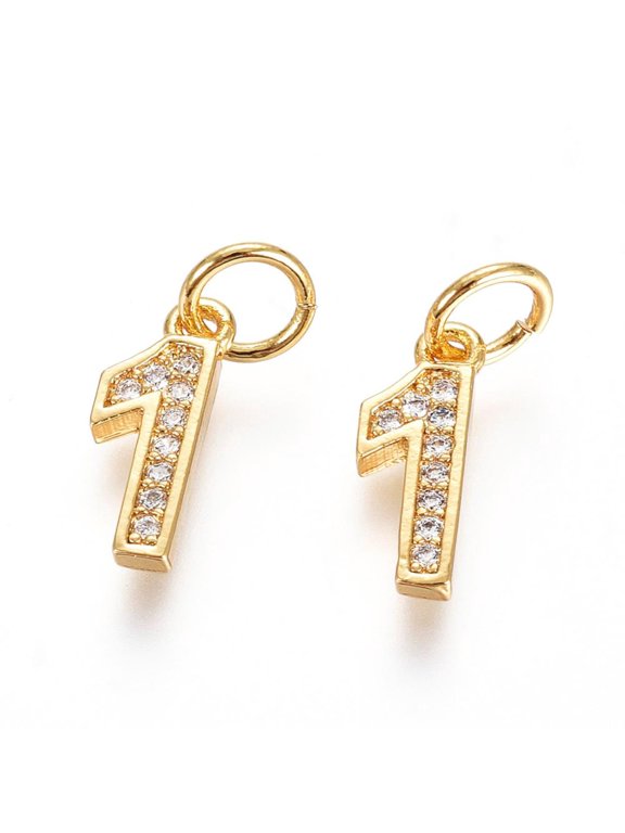 10pcs Brass Micro Pave Clear Cubic Zirconia Charms with Jump Ring Number Real 18K golden Plated Num.1 11x4.5x2mm Hole: 3mm
