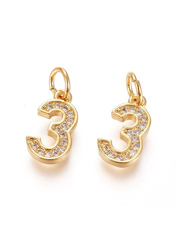 10pcs Brass Micro Pave Clear Cubic Zirconia Charms with Jump Ring Number Real 18K golden Plated Num.3 12x7x2mm Hole: 3mm