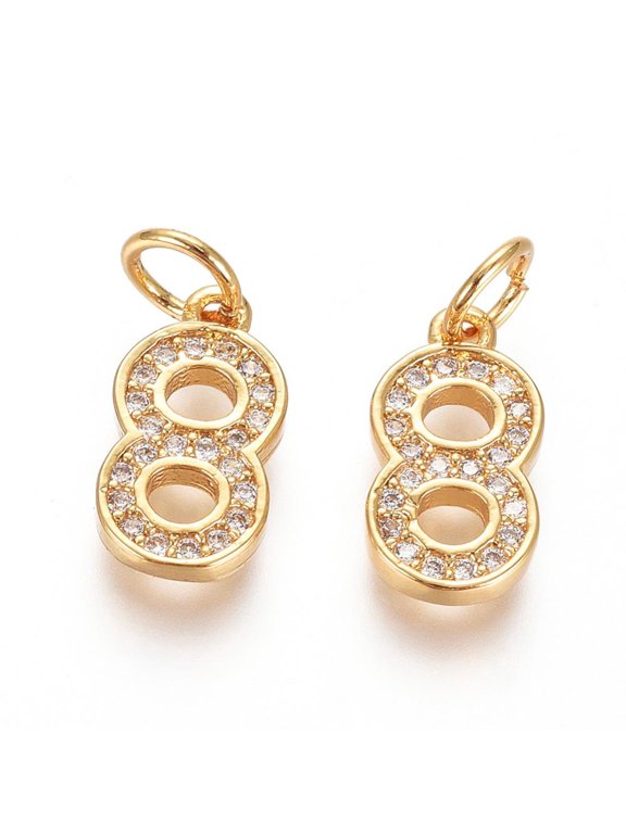 10pcs Brass Micro Pave Clear Cubic Zirconia Charms with Jump Ring Number Real 18K golden Plated Num.8 12.5x7x2mm Hole: 3mm Brass+Cubic Zirconia