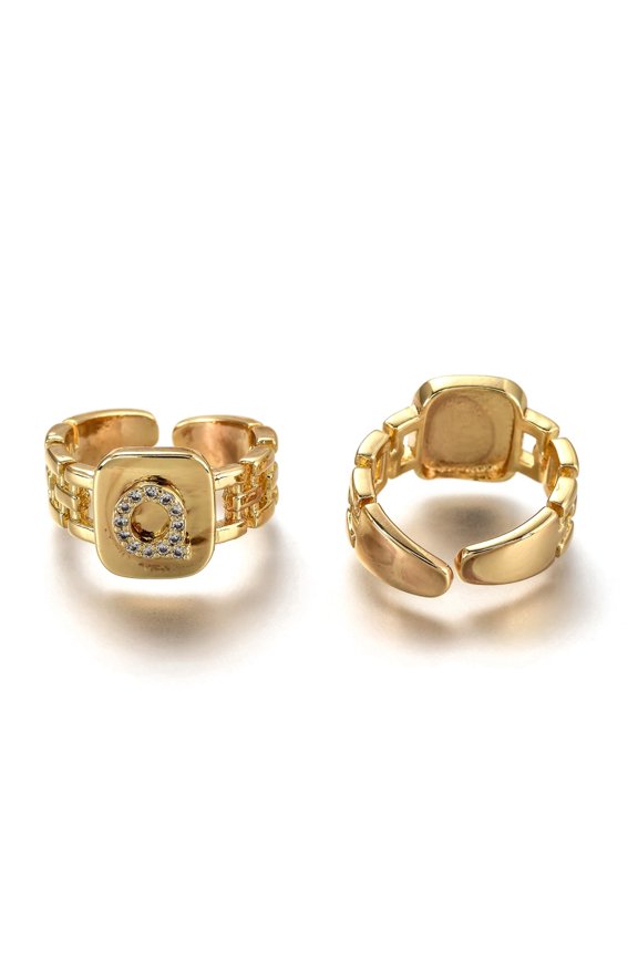 10pcs Brass Micro Pave Clear Cubic Zirconia Cuff Rings Open Rings Long-Lasting Rectangle Golden Letter.Q Size 7 1/4(17.5mm)