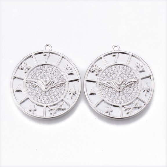 10pcs Brass Micro Pave Clear Cubic Zirconia Pendants Nickel Free Flat Round with Wings of Angel Platinum 25x23x2mm Hole: 1.2mm