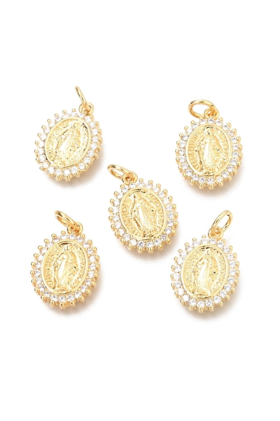10pcs Brass Micro Pave Clear Cubic Zirconia Pendants with Jump Rings Flat Round with Jesus Real 18K golden Plated 16x12x2.5mm Hole: 3.2mm