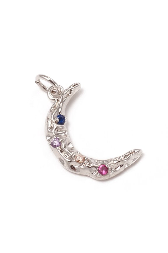 10pcs Brass Micro Pave Colorful Cubic Zirconia Textured Pendants with Jump Rings Long-Lasting Moon 19.5x12x3mm Jump Ring: 5x0.7mm Inner Diameter: 3.6mm