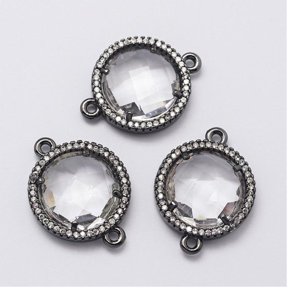 10pcs Brass Micro Pave Cubic Zirconia Links with Glass Flat Round Cadmium Free & Lead Free Clear 24x18x6mm Hole: 1.5mm