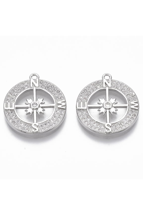 10pcs Brass Micro Pave Cubic Zirconia Pendants Nickel Free Flat Round with Four Cardinal Directions Clear 21.5x19x2.5mm Hole: 1.2mm
