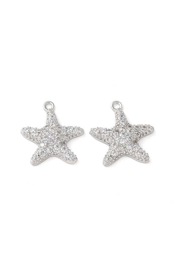10pcs Brass Micro Pave Cubic Zirconia Pendants Starfish Charms Cadmium Free & Lead Free Long-Lasting Plated Rack Plating Platinum 15.5x14x3mm Hole: 1.2mm