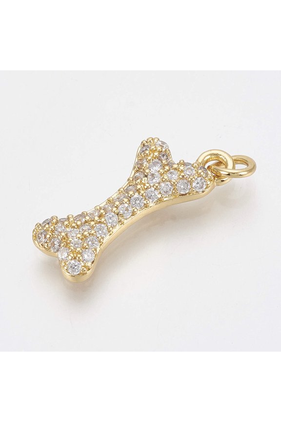 10pcs Brass Micro Pave Cubic Zirconia Pendants with Jump Rings Bone Clear Golden 19.5x8x3mm Hole: 2.5mm