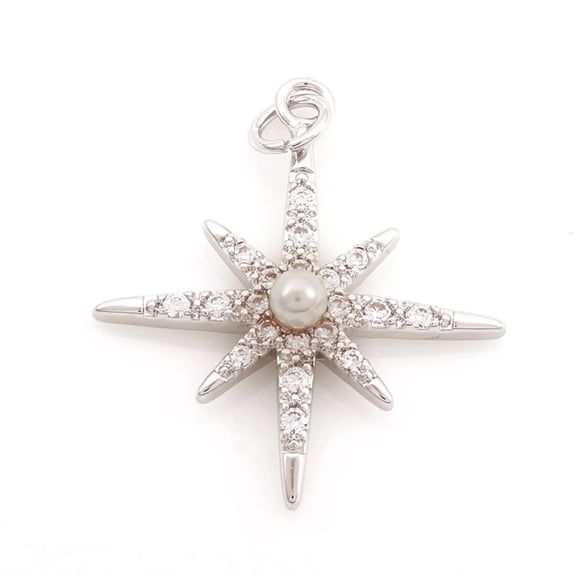 10pcs Brass Micro Pave Cubic Zirconia with Plastic Imitation Pearl and Jump Ring Eight Pointed Star Clear 20.5x18x3.5mm Hole: 2.5mm