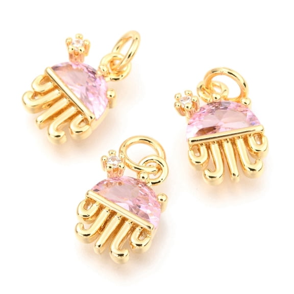10pcs Brass Micro Pave Cubic Zirconia with Jump Rings Long-Lasting golden Jellyfish Shape Pearl Pink 12.5x8.5x4.5mm Hole: 3.3mm