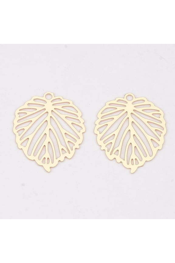10pcs Brass Pendants Etched Metal Embellishments Long-Lasting Plated Leaf Light Gold 22x17.5x0.3mm Hole: 1.5mm