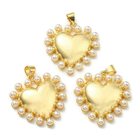 10pcs Brass Pendants with Plastic Imitation Pearls Long-Lasting Plated Lead Free & Cadmium Free Heart Charm Real 18K golden Plated 26x25.5x5.5mm Hole: 3.4x4.5mm