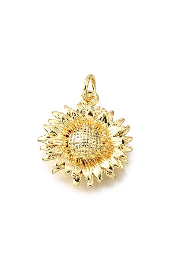 10pcs Brass Pendants Sunflower Charms Lead Free & Cadmium Free Rack Plating Long-Lasting Plated with Jump Ring Real 18K golden Plated 18.5x17x4mm Hole: 3.4mm