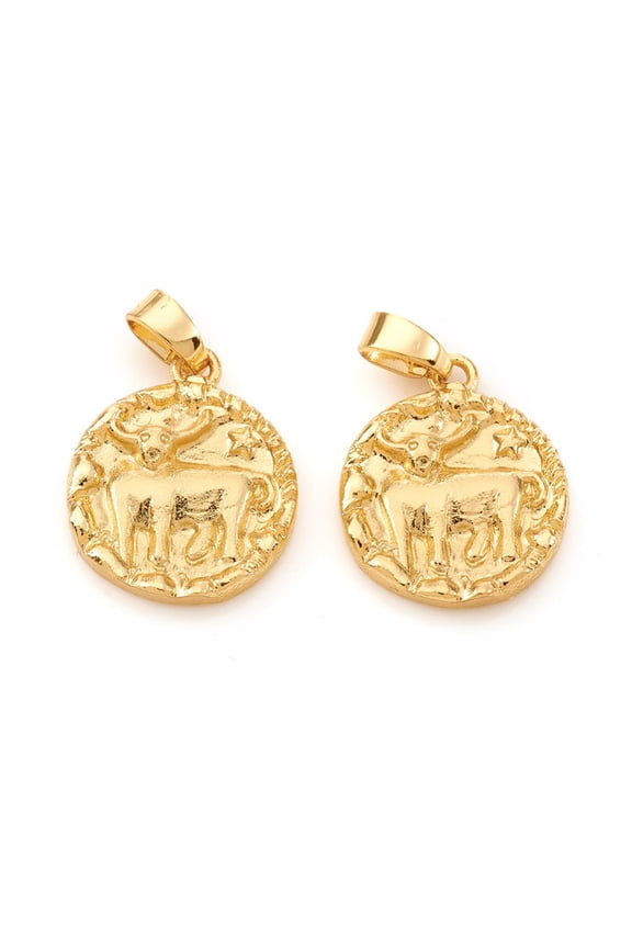 10pcs Brass Pendants Textured Flat Round with Constellation/ Sign golden Taurus 16.5x14x2mm Hole: 5x2.5mm
