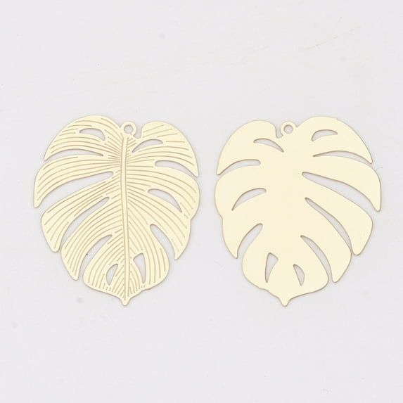 10pcs Brass Pendants Tropical Leaf Charms Etched Metal Embellishments Long-Lasting Plated Monstera Leaf Light golden 29.5x25x0.3mm Hole: 1.2mm
