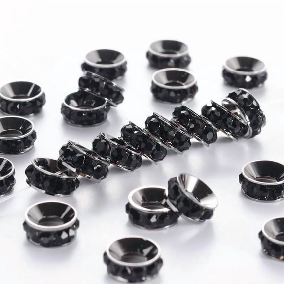 10pcs Brass Rhinestone Spacer Beads Grade A Rondelle Gunmetal Jet about 9mm in diameter 4mm thick hole: 4mm
