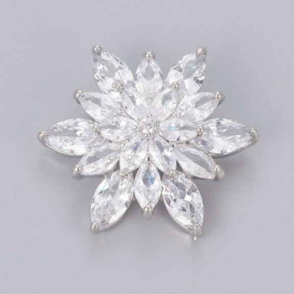 10pcs Brass Shank Buttons with Cubic Zirconia Flower Platinum Clear 24.8x19mm Hole: 1.2mm