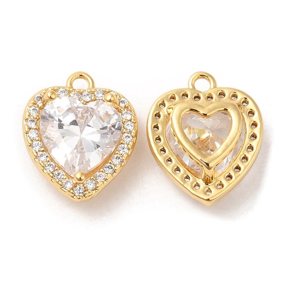 10pcs Brass and Clear Cubic Zirconia Pendants Heart golden 13.5x11.5x6mm Hole: 1.4mm