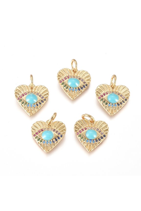 10pcs Brass with Micro Pave Cubic Zirconia Enamel and Jump Rings Heart with Colorful Golden 13x13x3mm Hole: 3mm